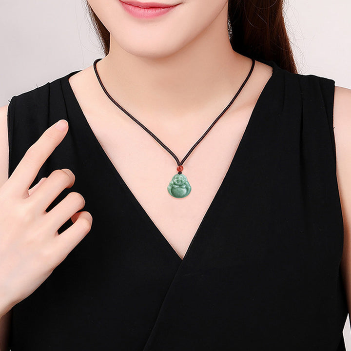 Buddha Stones Laughing Buddha Cyan Jade Success Necklace String Pendant - image 2