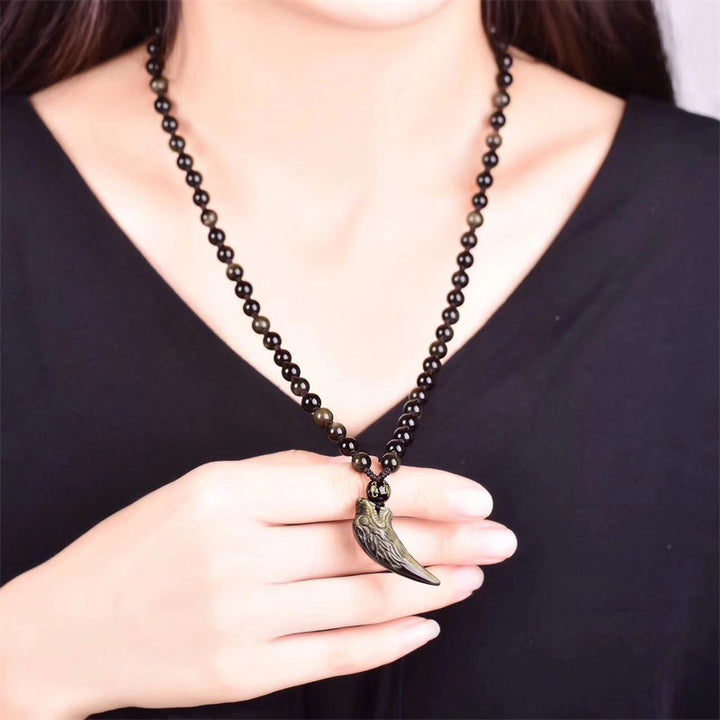 Buddha Stones Natural Black Obsidian Ice Obsidian Rainbow Obsidian Wolf Tooth Pattern Strength Necklace Pendant - image 2