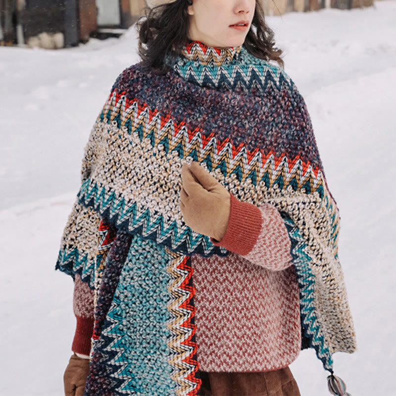 Buddha Stones Tibetan Shawl Blue Beige Red Wavy Pattern Winter Warm Tassel Scarf - image 3