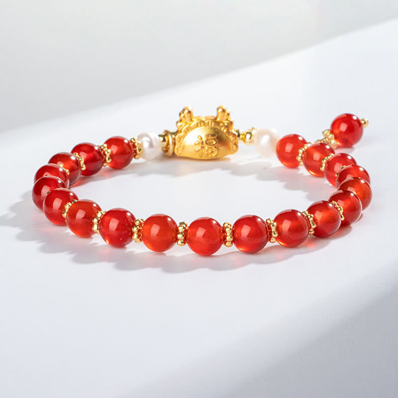 Buddha Stones Year Of The Dragon Natural Red Agate Pink Crystal Black Onyx Dumpling Luck Fu Character Bracelet - image 4