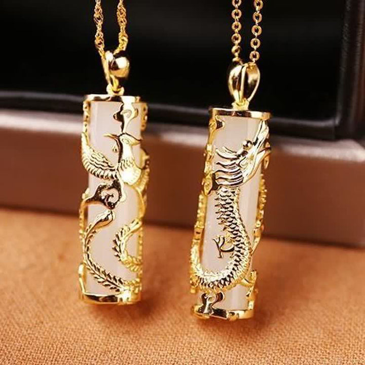 Buddha Stones Jade Dragon Phoenix Copper Blessing Harmony Necklace Pendant - image 4