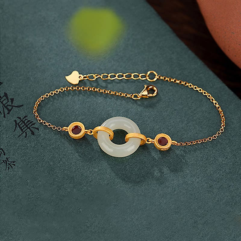Buddha Stones 925 Sterling Silver Plated Gold Natural Hetian Jade Peace Buckle Red Agate Luck Bracelet - image 5