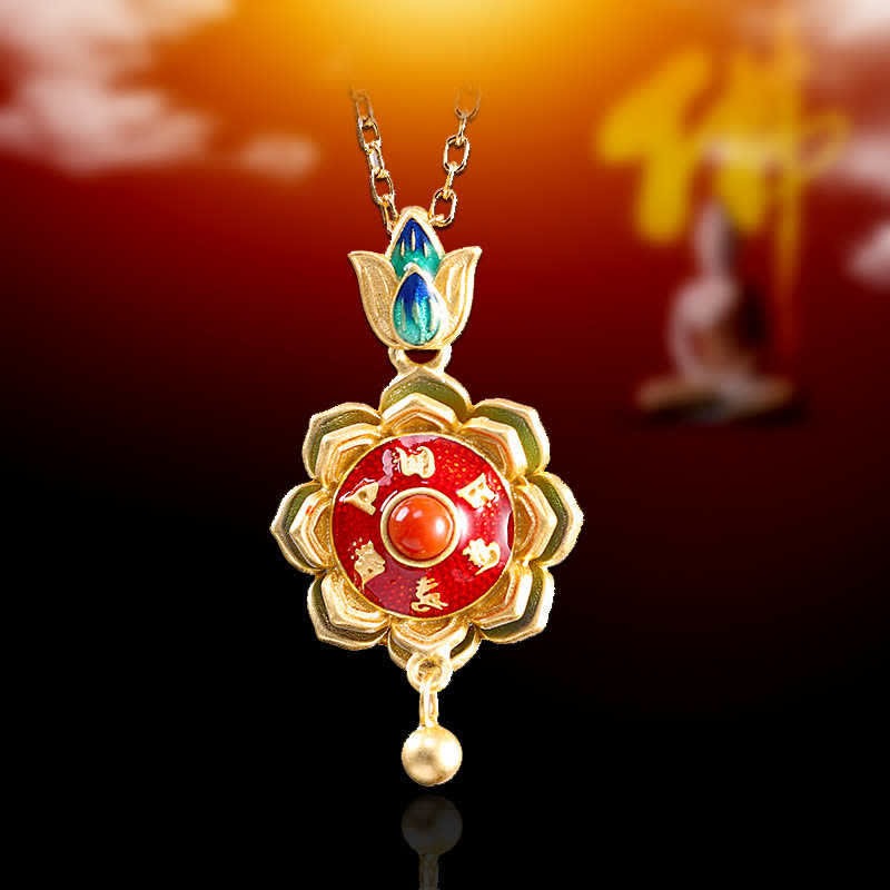 Buddha Stones 925 Sterling Silver Tibet Lotus Prayer Wheel Red Agate Enlightenment Necklace Pendant - image 1