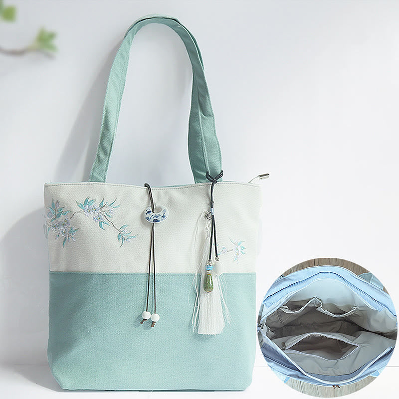 Buddha Stones Pear Flower Plum Peach Blossom Bamboo Embroidery Canvas Large Capacity Shoulder Bag Tote Bag - image 1