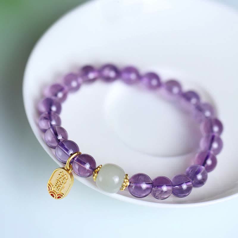 Buddha Stones Natural Amethyst Crystal Hetian Jade Healing Charm Bracelet - image 6