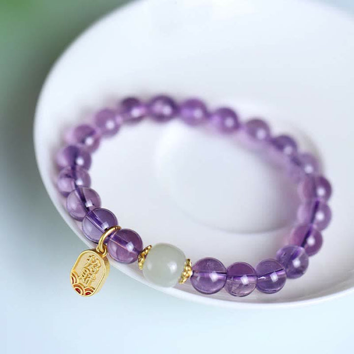 Buddha Stones Natural Amethyst Crystal Hetian Jade Healing Charm Bracelet - image 6