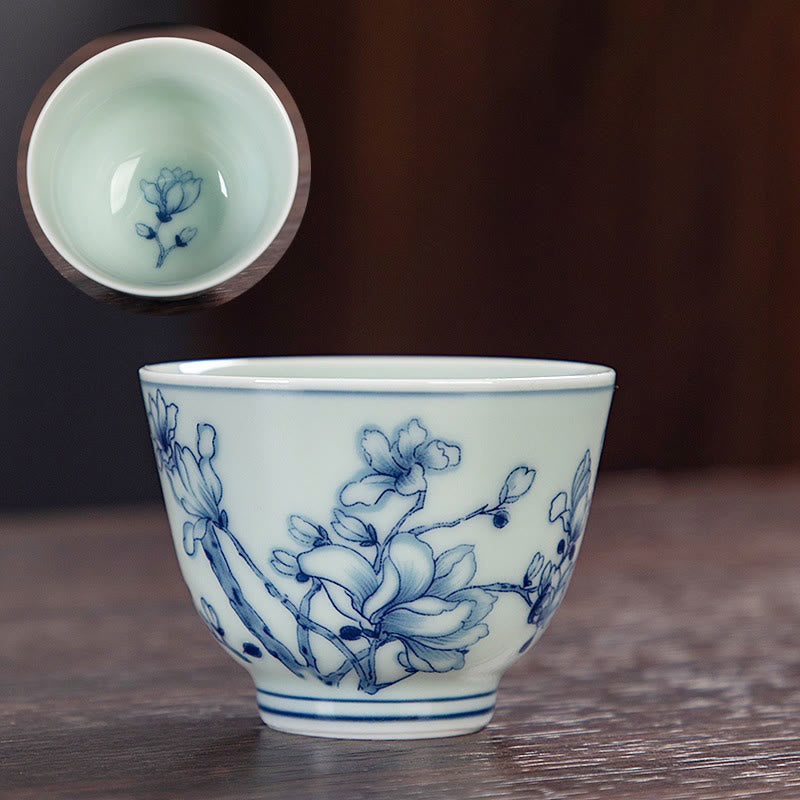 Buddha Stones Blue Landscape Mountains Lotus Cute Cat Pavilions Magnolia Reed Egrets Ceramic Teacup Small Kung Fu Tea Cup - Magnolia 6cm*4.5cm*50ml - image 13