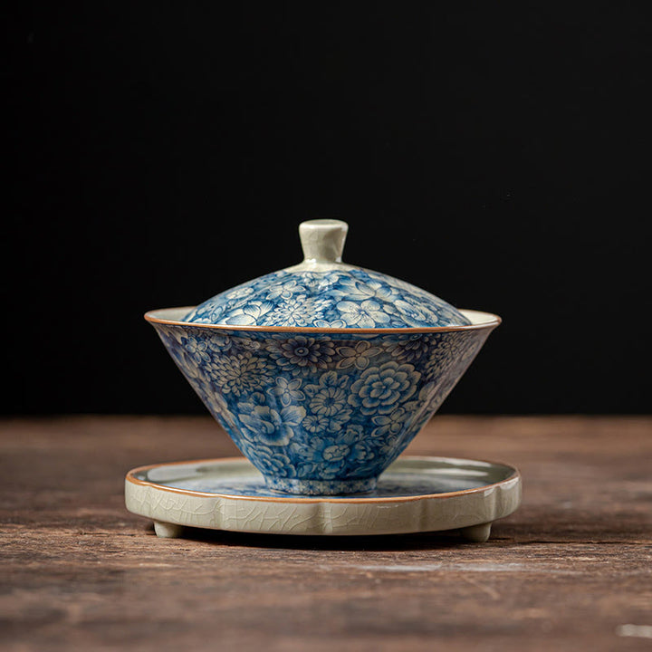 Buddha Stones Vintage Blue And White Porcelain Peach Blossom Lotus Peony Ceramic Gaiwan Sancai Teacup Kung Fu Tea Cup And Saucer With Lid - 10.2cm*8.8cm*130ml(Saucer 11.4cm) - image 13