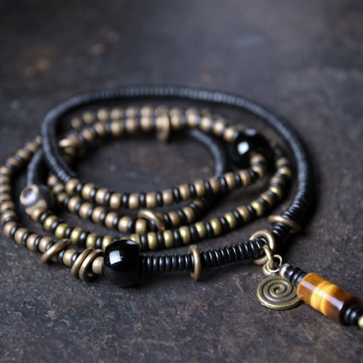 Buddha Stones Ebony Wood Dzi Bead Copper Peace Couple Bracelet Necklace Pendant - 18cm - image 0