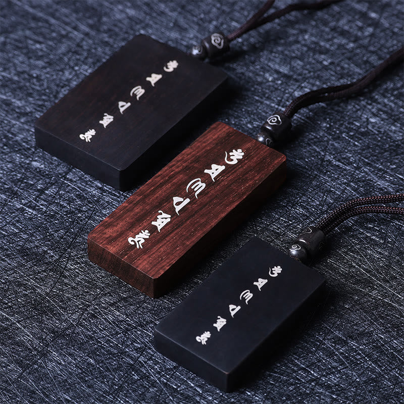 Buddha Stones 999 Sterling Silver Small Leaf Red Sandalwood Ebony Wood Om Mani Padme Hum Inlaid Protection Necklace Pendant - image 1