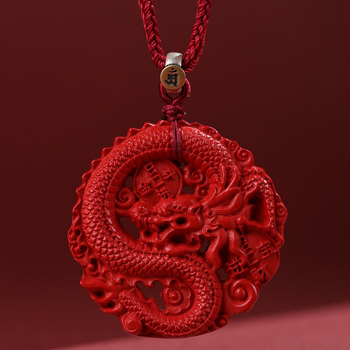 Buddha Stones Year of the Dragon 925 Sterling Silver Natural Cinnabar Copper Coin Luck Necklace Pendant - Red Rope - Large 49mm - image 3