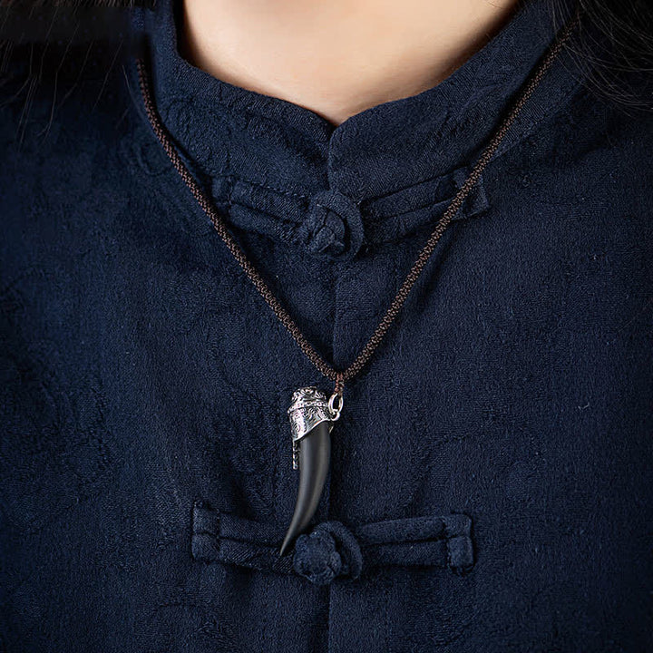 925 Sterling Silver Black Obsidian Wolf Tooth Pattern Strength Necklace Pendant - image 12