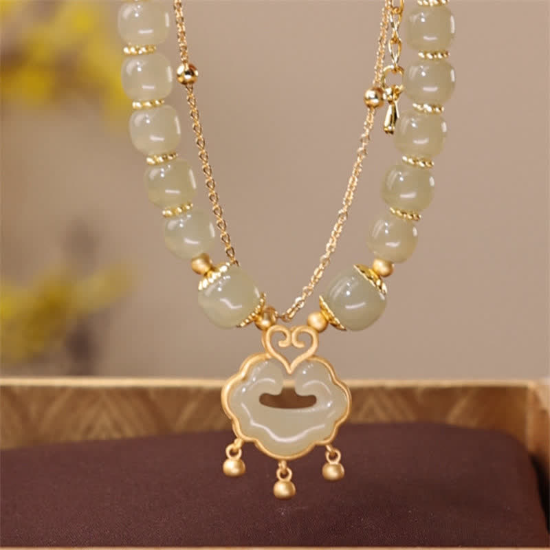 Buddha Stones 14K Gold Plated Natural Hetian Jade Wish Lock Bell Chain Bracelet - image 1