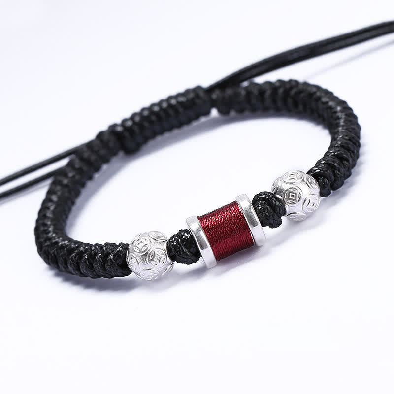 Buddha Stones 999 Sterling Silver Copper Coin Bead Copper Balance Braided String Bracelet - Deep Red - image 1