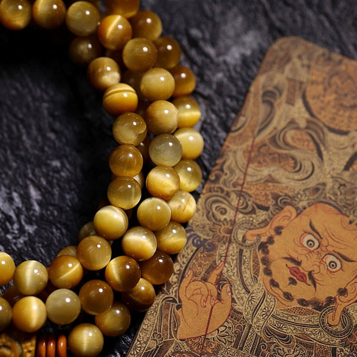 Buddha Stones 108 Mala Beads Natural Tiger Eye Copper Dorje Protection Tassel Bracelet - image 21