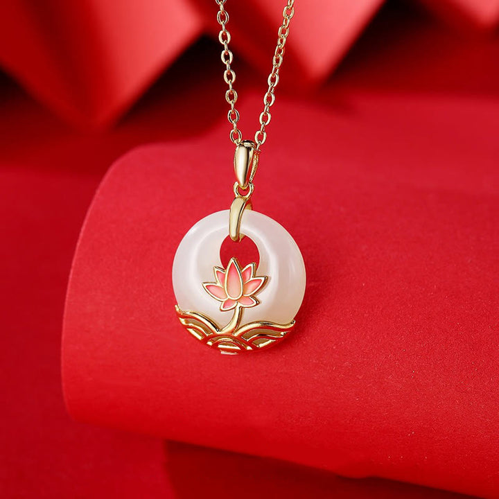 Buddha Stones 925 Sterling Silver Hetian White Jade Lotus Flower Blessing Necklace Pendant - Hetian White Jade(Protection♥Happiness) - image 0