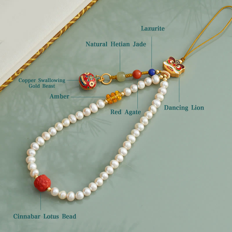 Buddha Stones Natural Pearl Cinnabar Money Bag Bell Gold Swallowing Beast Dancing Lion Healing Phone Hanging Decoration - image 10