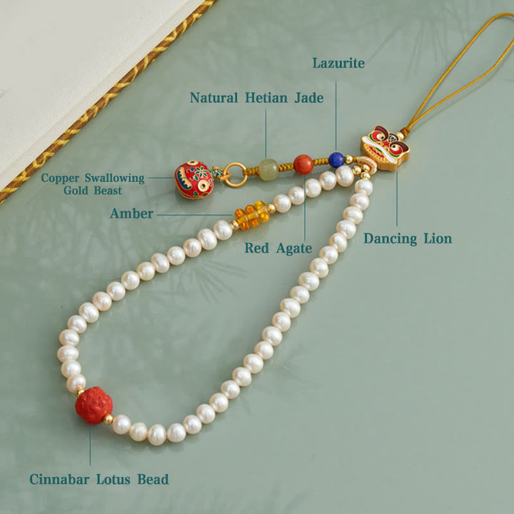 Buddha Stones Natural Pearl Cinnabar Money Bag Bell Gold Swallowing Beast Dancing Lion Healing Phone Hanging Decoration - image 10