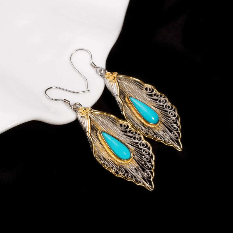 Buddha Stones 925 Sterling Silver Turquoise Bodhi Leaf Pattern Protection Drop Dangle Earrings - image 9