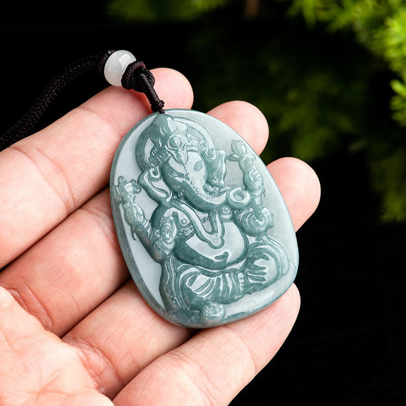 Buddha Stones Natural Jade Ganesh Ganpati Elephant Protection Amulet Necklace Pendant - image 4