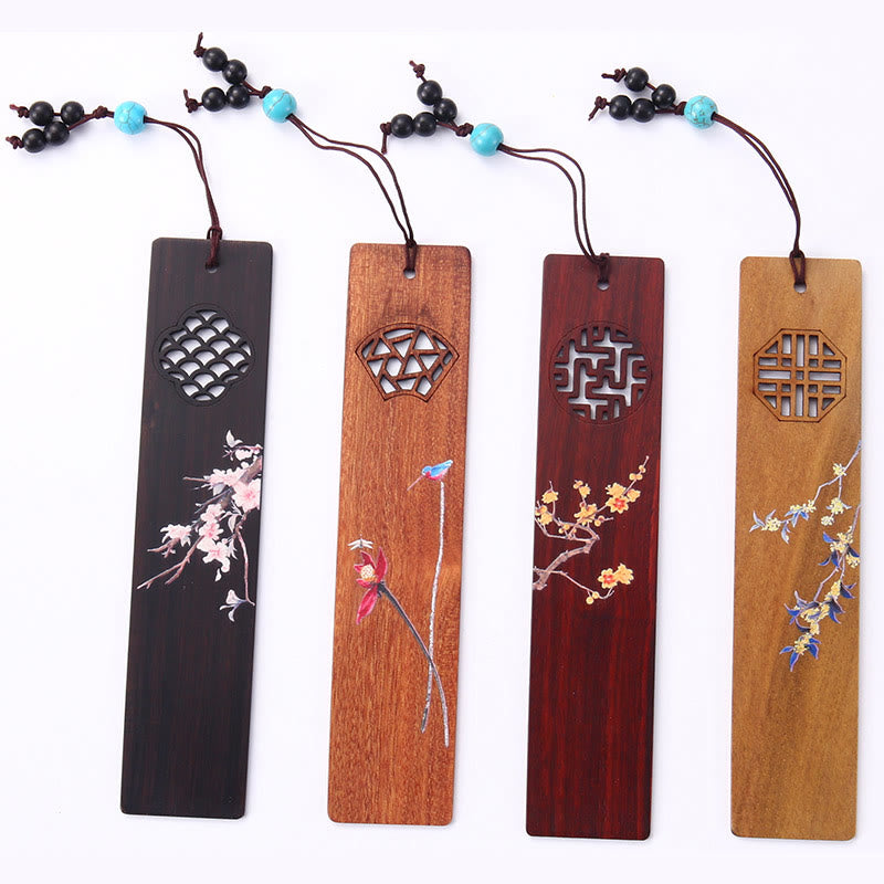 Buddha Stones 4Pcs Four Seasons Plum Orchid Bamboo Chrysanthemum Peking Opera Mask Wood Bookmarks With Gift Box - image 13