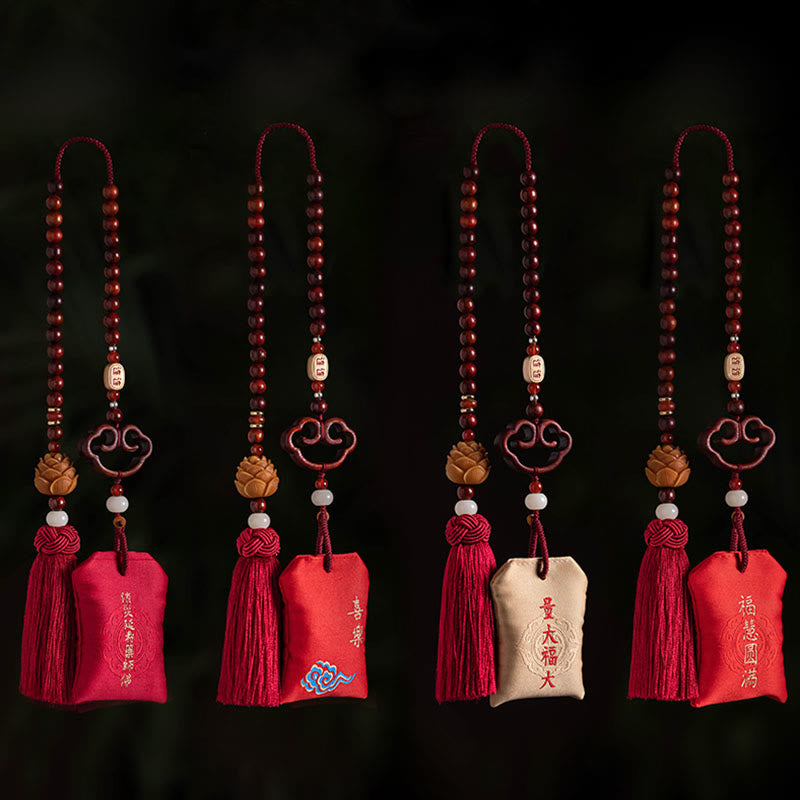 Buddha Stones Tibetan Small Leaf Red Sandalwood Lotus Cinnabar Sachet Protection Tassel Car Hanging Decoration - image 17