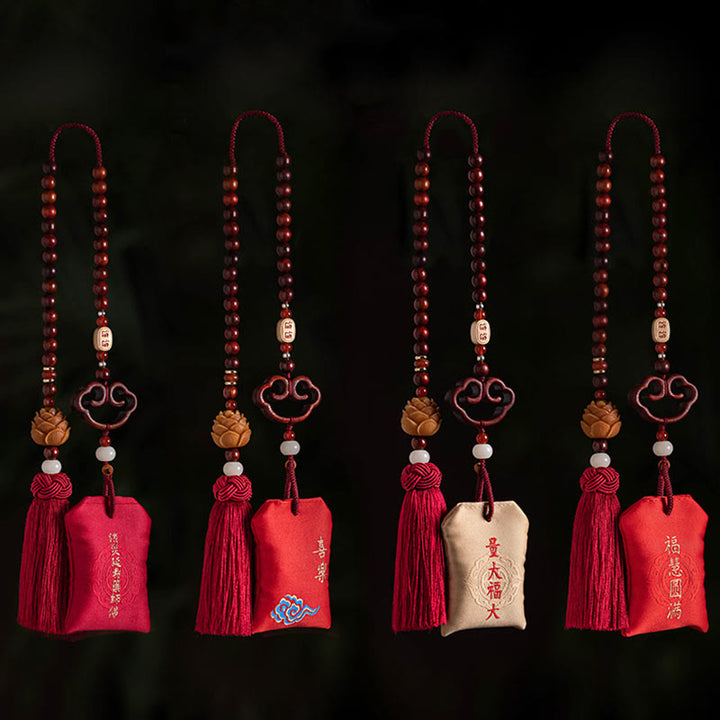 Buddha Stones Tibetan Small Leaf Red Sandalwood Lotus Cinnabar Sachet Protection Tassel Car Hanging Decoration - image 17