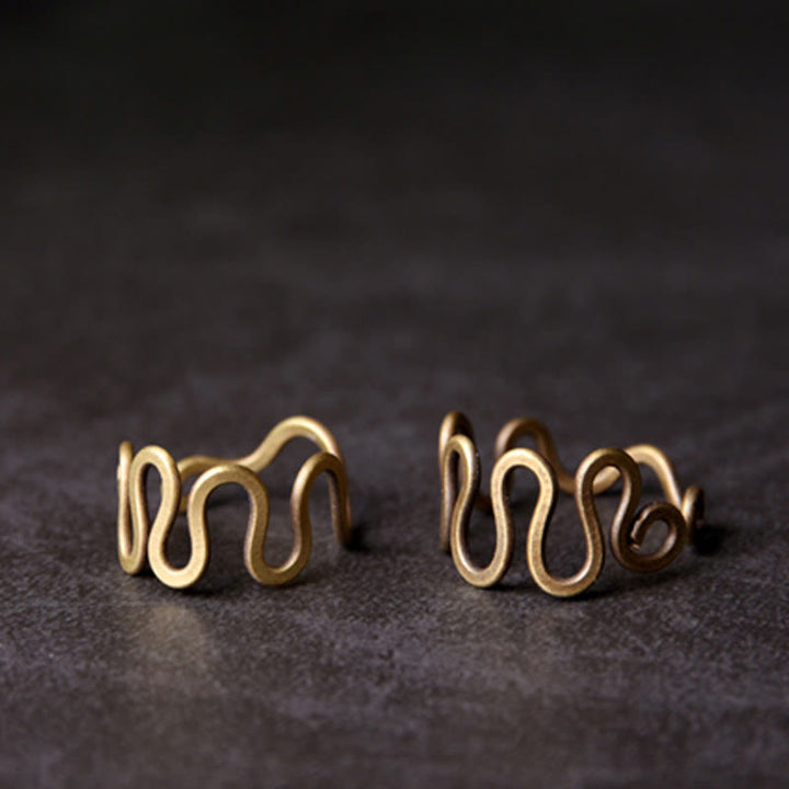 Buddha Stones Simple Curved Brass Design Copper Luck Wealth Adjustable Ring - image 2