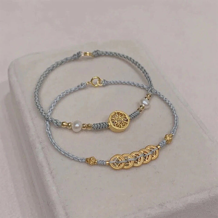 Buddha Stones Copper Coin Fortune Tree Pearl Luck Blue Rope Braided Bracelet - image 0