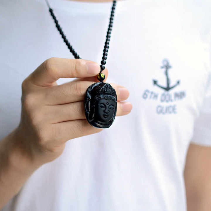 Buddha Stones Natural Black Obsidian Kwan Yin Avalokitesvara Strength String Necklace Pendant - image 4