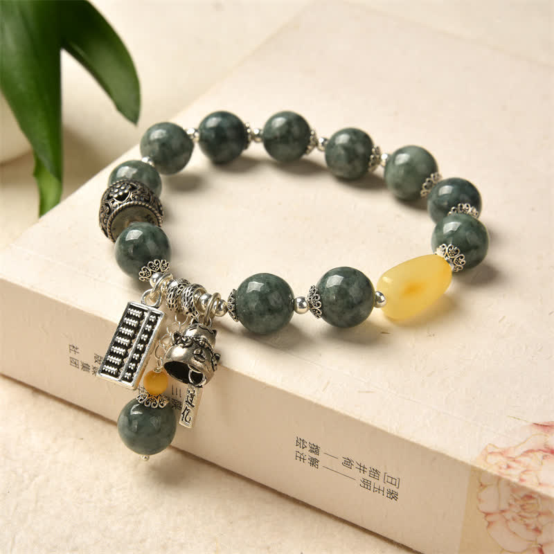 Buddha Stones 925 Sterling Silver Cyan Jade Amber Abacus Lucky Cat Success Bracelet - Cyan Jade (Success ♥ Healing) - image 0