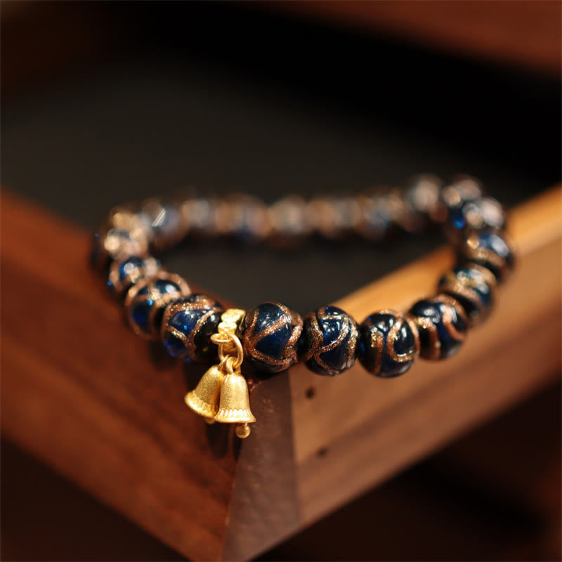 Buddha Stones Tibetan Gold Swallowing Beast Family Five God Of Wealth Thangka Fortune Bead Bracelet - Blue Double Bells - image 5