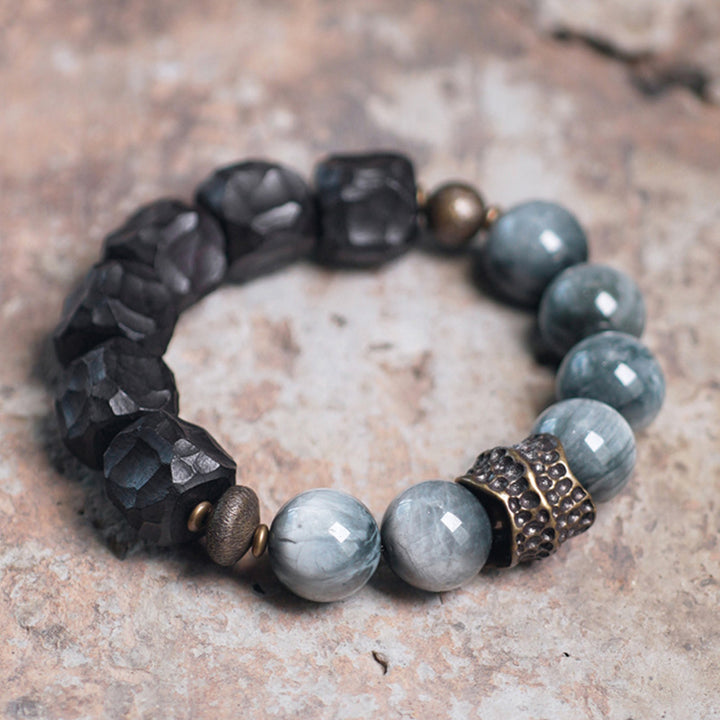 Buddha Stones Eagle's Eye Stone Ebony Wood Copper Confidence Couple Bracelet - 18cm - image 0