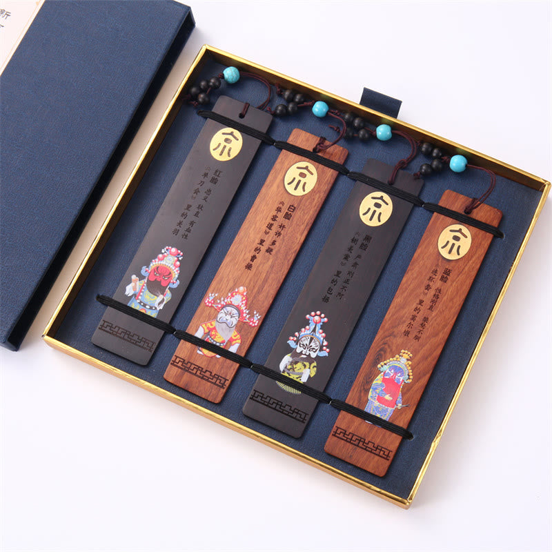 Buddha Stones 4Pcs Four Seasons Plum Orchid Bamboo Chrysanthemum Peking Opera Mask Wood Bookmarks With Gift Box - 4Pcs Peking Opera Characters - image 22