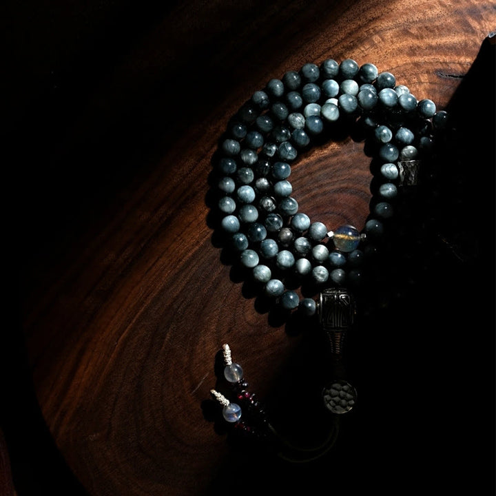 Buddha Stones 925 Sterling Silver 108 Mala Beads Eagle's Eye Stone Moonstone Positive Bracelet - image 18