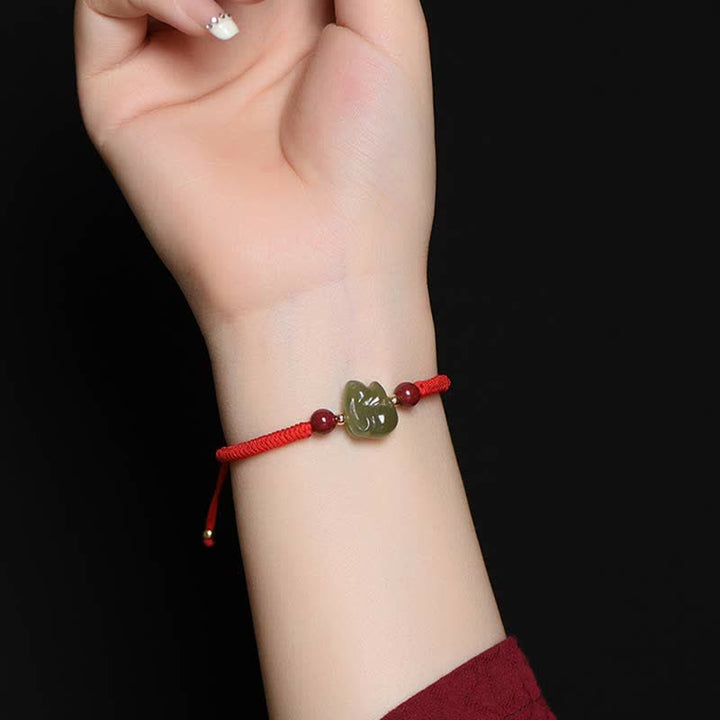 Year of the Rabbit Hetian Jade Bunny Cinnabar Beaded Abundance String Bracelet - image 3