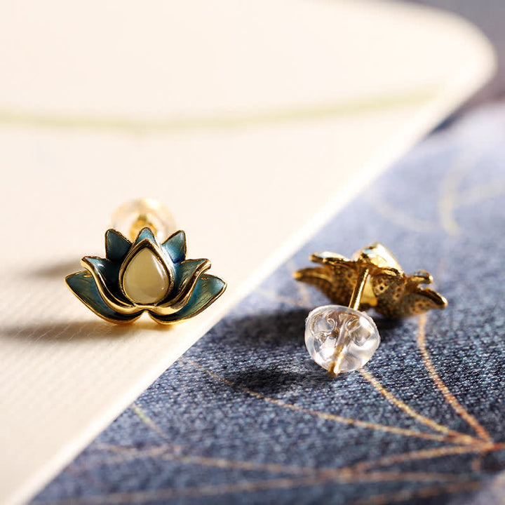 925 Sterling Silver Hetian Cyan Jade Lotus Flower Success Earrings - image 2
