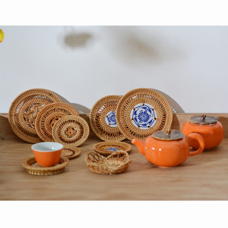 Ceramic Flower Pattern Rattan Cup Mat Tea Cup Coaster - image 21