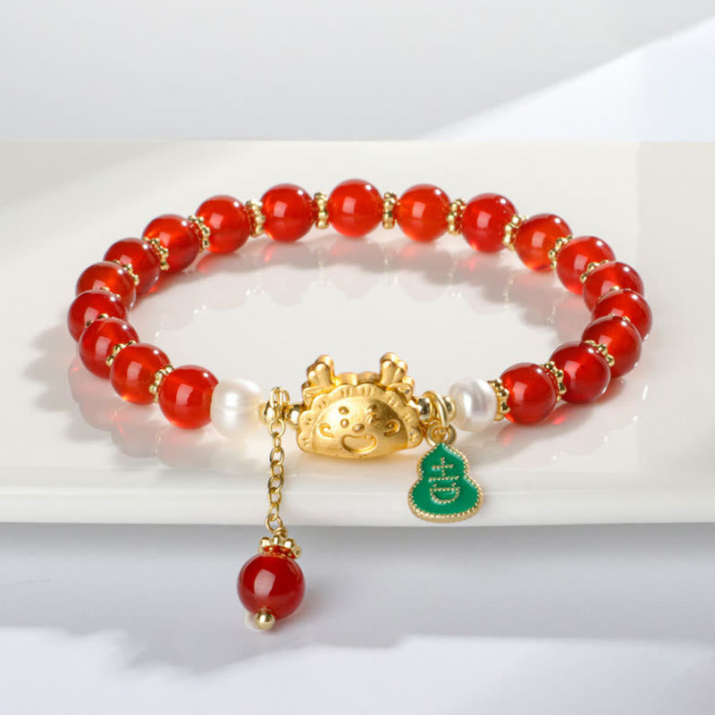 Buddha Stones Year Of The Dragon Natural Red Agate Pink Crystal Black Onyx Dumpling Luck Fu Character Bracelet - image 1