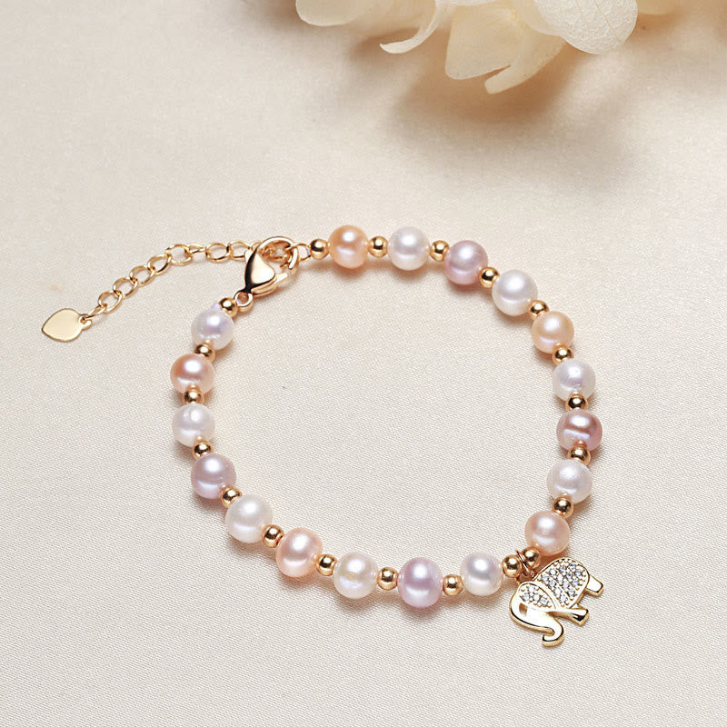 Buddha Stones 18K Gold Plated Pearl Elephant Zircon Charm Sincerity Bracelet - image 2