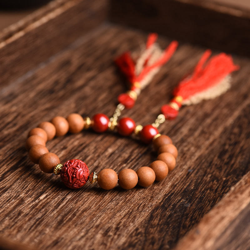 Buddha Stones Tibetan Natural Peach Wood Cinnabar PiXiu Wealth Tassels Bracelet - image 2