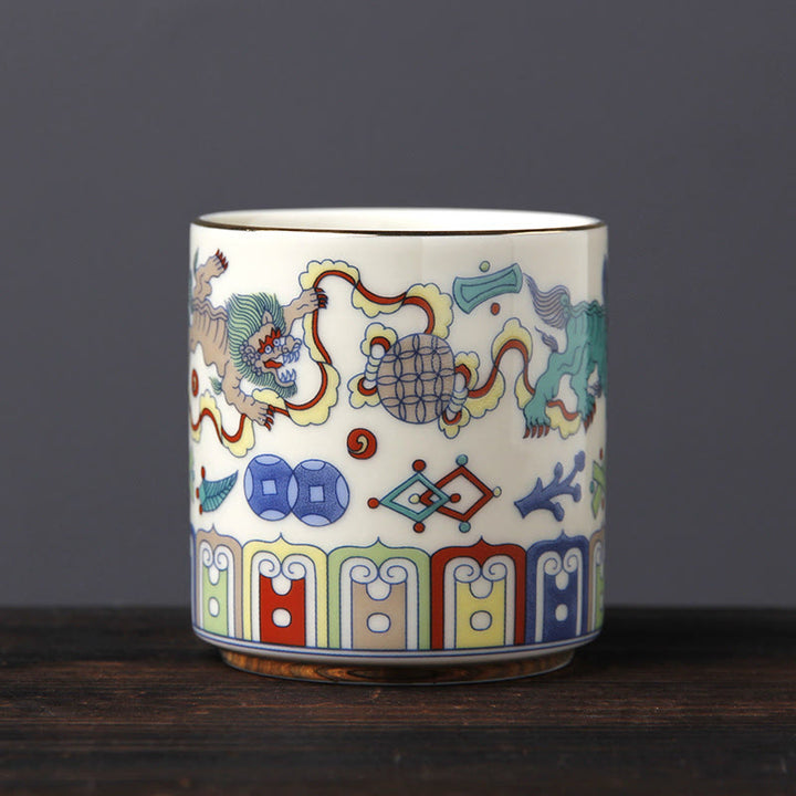 Buddha Stones Vintage Plum Blossom Pine Bamboo Phoenix Kirin Lion Dancing Ceramic Teacup Tea Cups - Kirin(6.1cm*6.5cm*130ml) - image 5