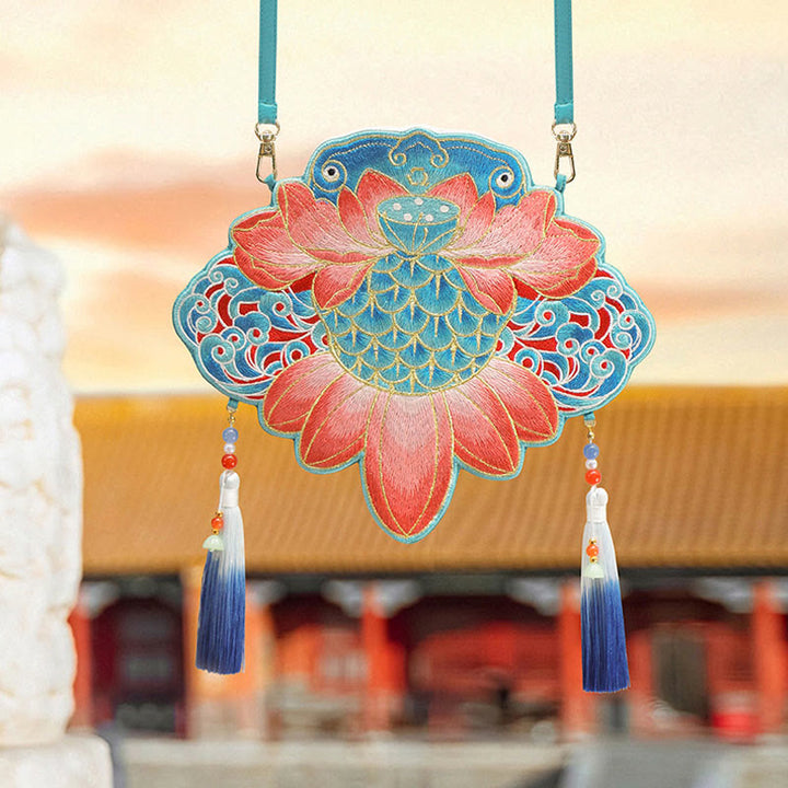 Buddha Stones Luck Embroidery Lotus Koi Fish Rabbit Flower Hanfu Bag Crossbody Bag Shoulder Bag - Koi Fish Lotus - image 32