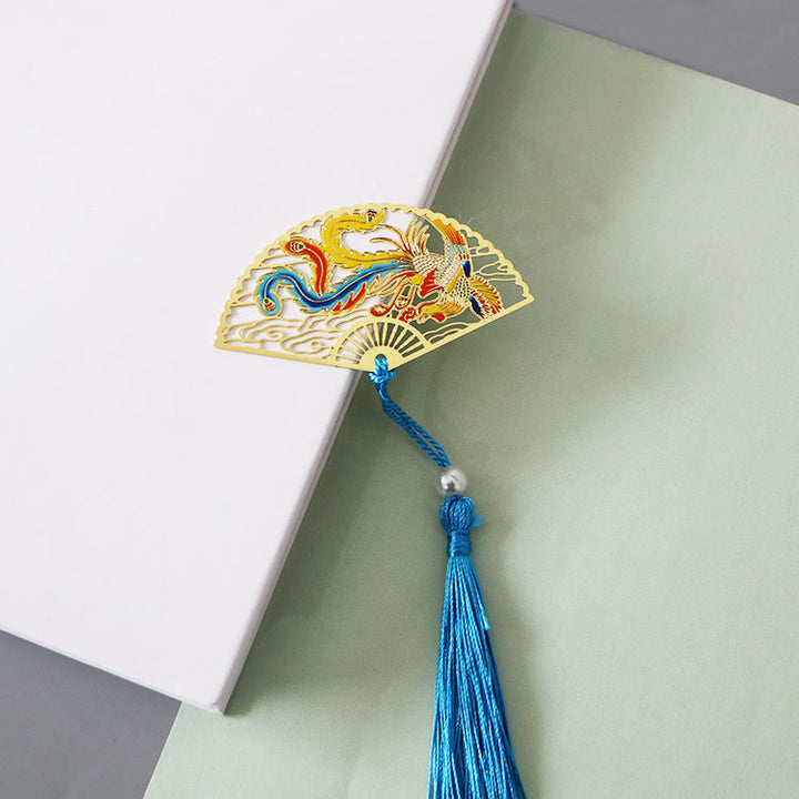 Buddha Stones Traditional Butterfly Lotus Flower Crane Dragon Phoenix Fox Koi Fish New Beginning Metal Brass Hollow Fan Bookmarks - Phoenix Dancing In The Sky - image 6