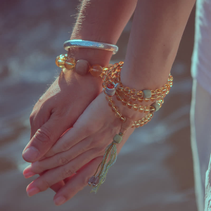 Buddha Stones 108 Mala Beads 925 Sterling Silver Citrine Sandalwood Turquoise Protection Prosperity Bracelet - image 1