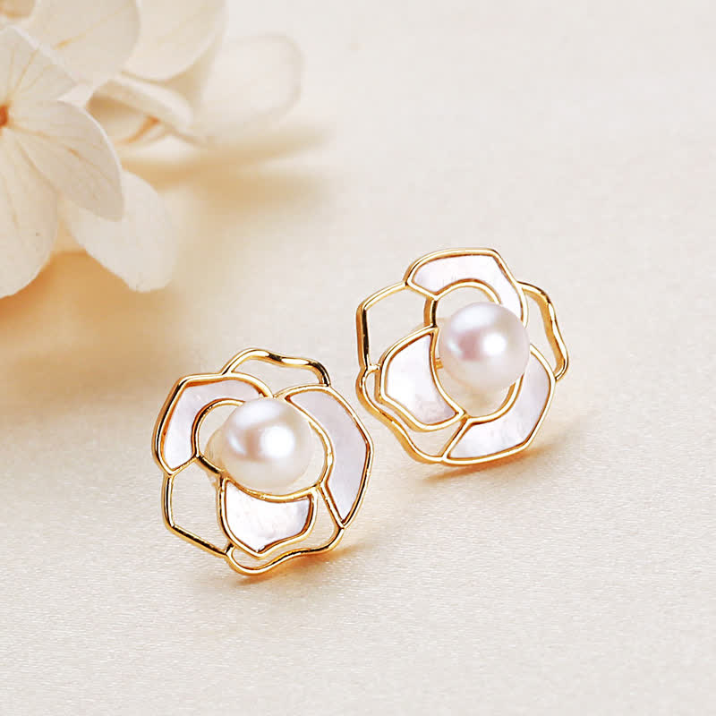 Buddha Stones 925 Sterling Silver Pearl Camellia Pattern Happiness Necklace Pendant Earrings - Earrings - image 1