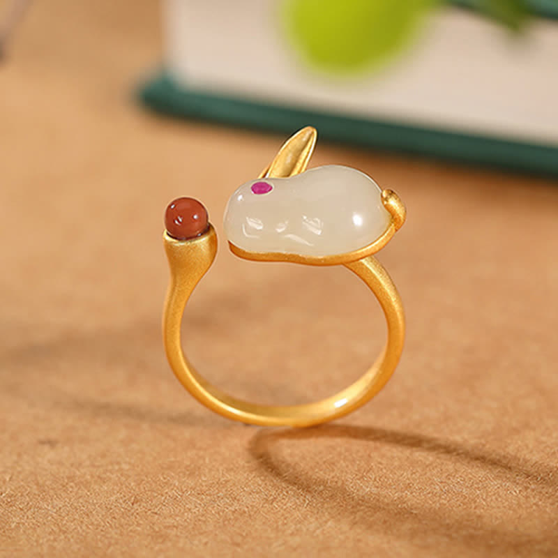 Buddha Stones 925 Sterling Silver Year of the Rabbit Hetian Jade Luck Ring Earrings Necklace Pendant - image 4