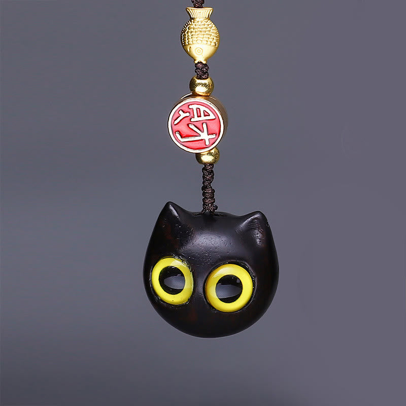 Buddha Stones Green Sandalwood Mini Cute Animal Rabbit Cat Deer Whale Prosperity Phone Hanging Decorations - Red Sandalwood Yellow Eyes Cat - image 2