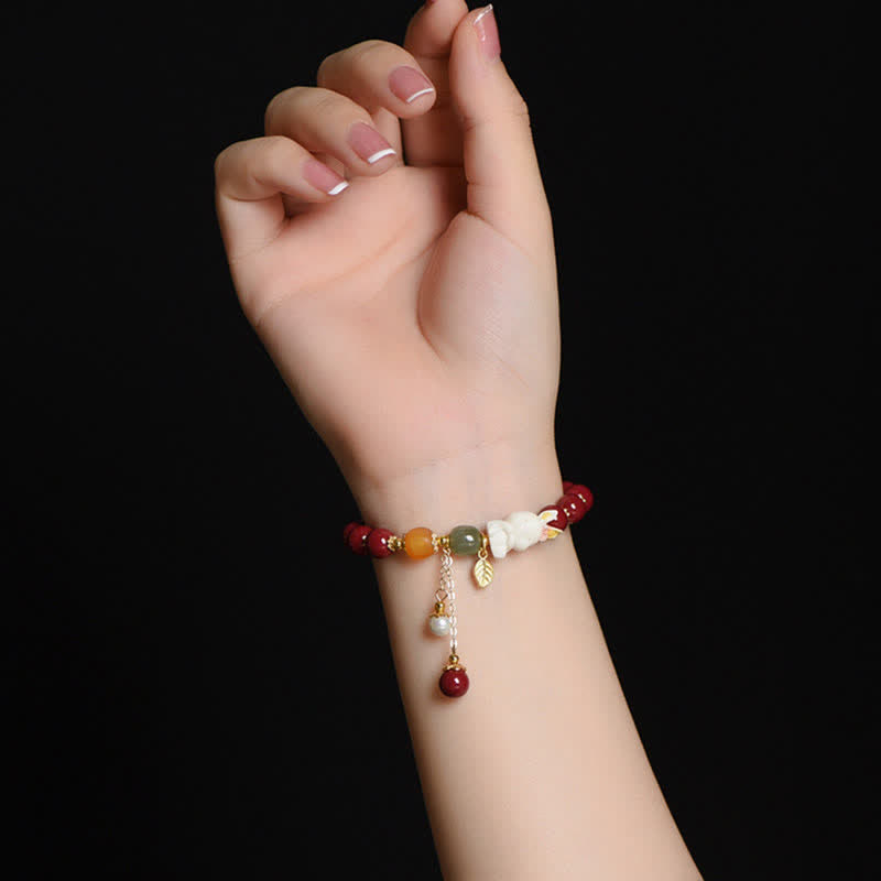 Buddha Stones Year of the Rabbit Cinnabar Hetian Jade Bunny Beaded Blessing Bracelet - image 2