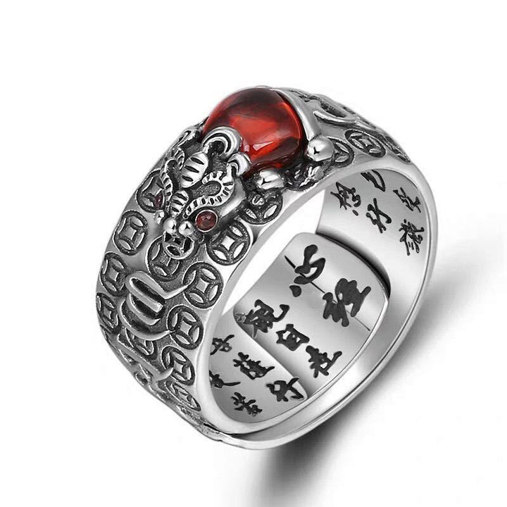 Buddha Stones Genstone PiXiu Feng Shui Frog Vajra Dorje Heart Sutra Wealth Adjustable Ring - image 0